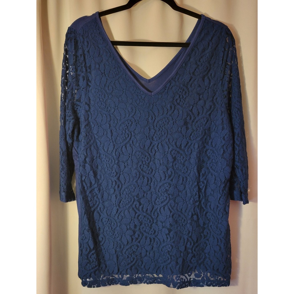 Lane Bryant Navy Blue Lace V-Neck Top Plus Size 14/16 3/4 Sleeve Blouse